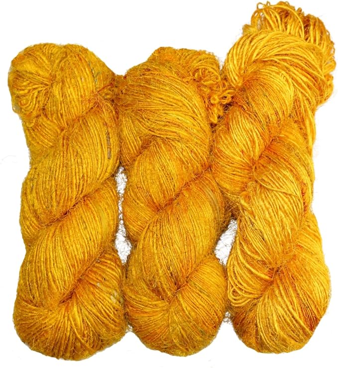 Knitsilk Premium Recycled Sari Silk Worsted Yarn(150+Yards)-Best for Knitting, Crocheting, and Jewelry Making Sustainable and Unique Texture Yarn (Yellow)