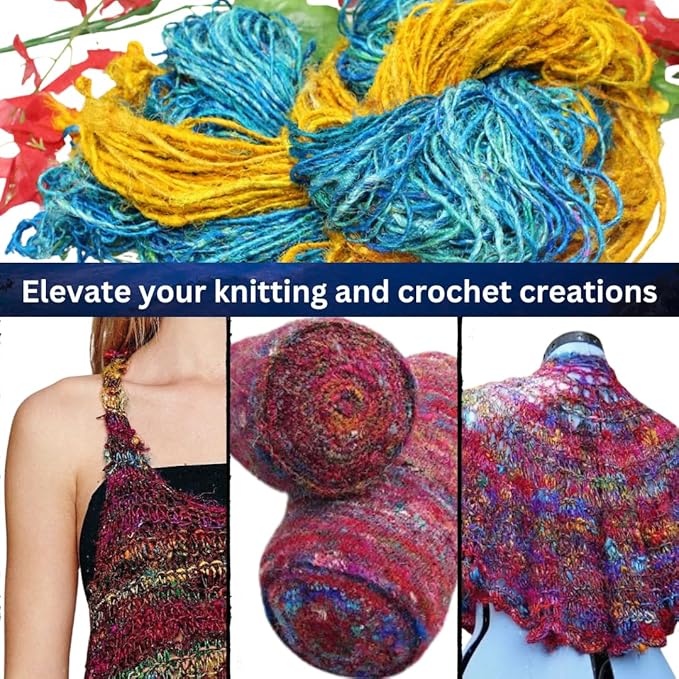 Knitsilk Handspun Recycled Sari Silk Yarn – Yellow & Turquoise Combo | 2 x 100g Skeins | Eco-Friendly Bulky Yarn for Knitting, Crocheting & Weaving