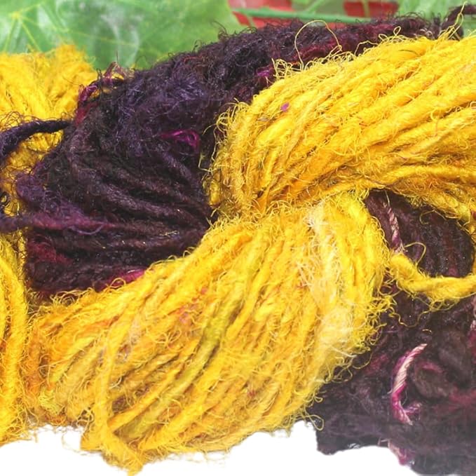 Knitsilk Handspun Recycled Sari Silk Yarn – Brown & Yellow Combo | 2 x 100g Skeins | Eco-Friendly Bulky Yarn for Knitting, Crocheting & Weaving