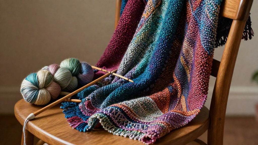 Multicolour textile draped over a wooden chair beside a yarn skein and knitting needles