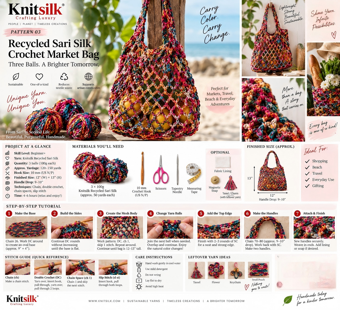 Recycled Sari Silk Crochet Market Bag — Free Beginner Crochet Pattern | KnitSilk Pattern 03