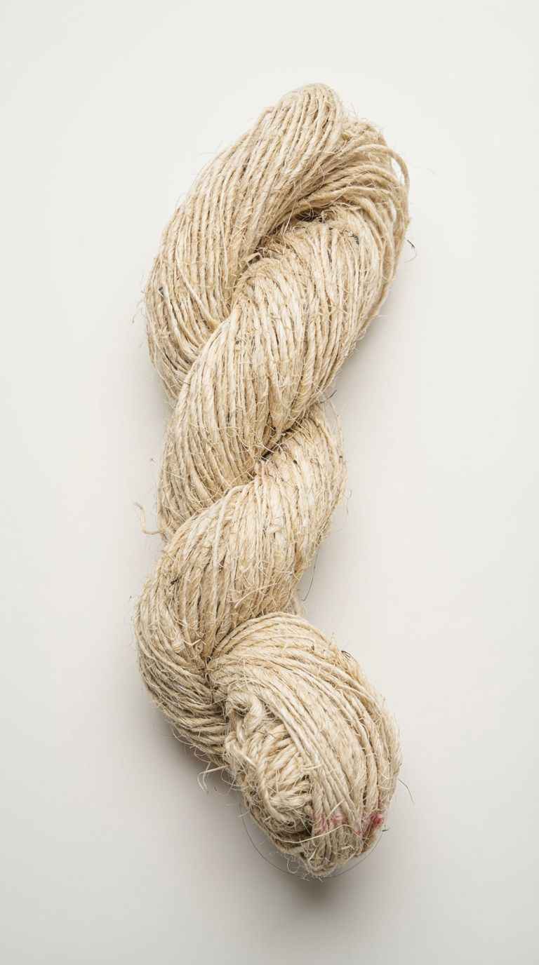 Natural cream banana fibre yarn twisted into a hank, showing irregular strands and rustic texture