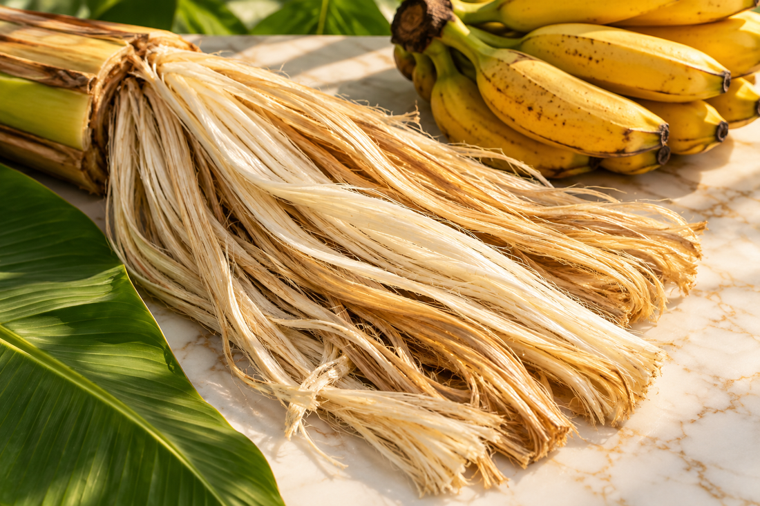 Raw banana plant fibre loose strands flat-lay on white marble with tropical leaf | KnitSilk