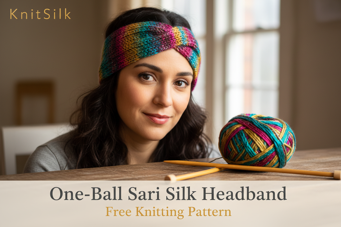 One-Ball Recycled Sari Silk Knitted Headband — Free Beginner Knitting Pattern