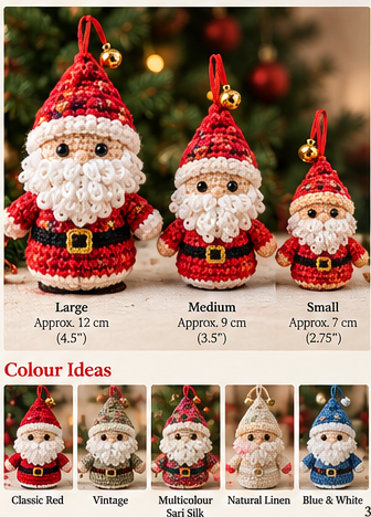 Jolly Santa ornament size and colour inspiration with three Santas and five colour directions