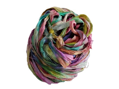 Knitsilk Recycled Sari Silk Ribbon, 30 Yards, 50 Grams - for Knitting, Weaving & Crochet (Multicolor Tie-Dye)