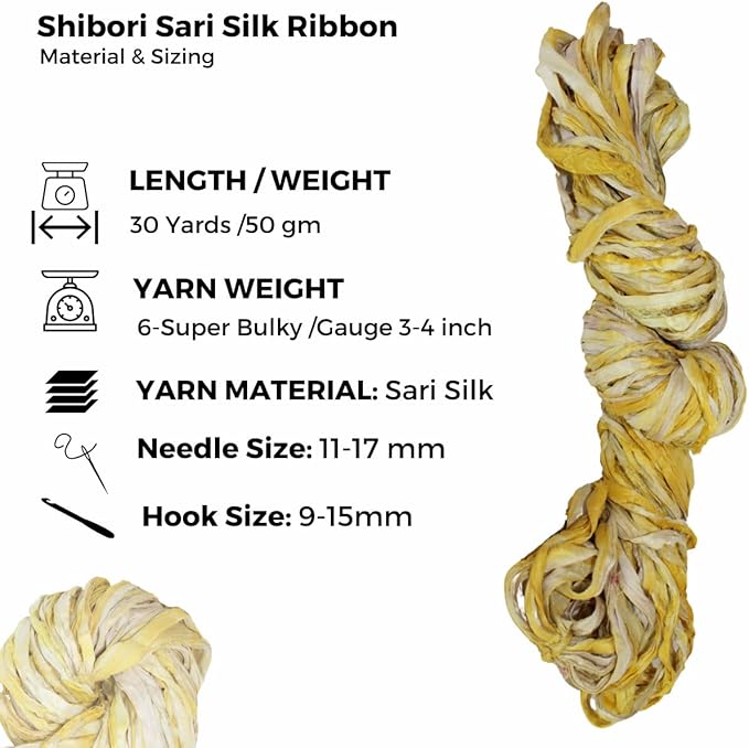 Knitsilk Recycled Shibori Sari Silk Ribbon Yarn-Yellow