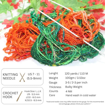 Knitsilk Handspun Recycled Sari Silk Yarn – Orange & Green Combo | 2 x 100g Skeins | Eco-Friendly Bulky Yarn for Knitting, Crocheting & Weaving