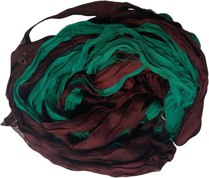 Knitsilk Recycled Sari Silk and chiffon ribbon yarn-Brown and Green