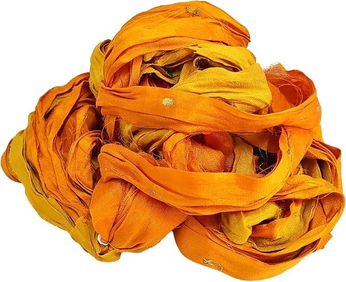 Knitsilk Recycled Sari Silk and chiffon ribbon yarn-Yellow and Orange