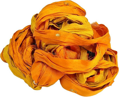 Knitsilk Recycled Sari Silk and chiffon ribbon yarn-Yellow and Orange