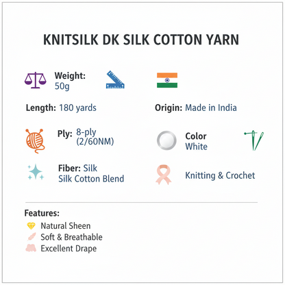 Knitsilk DK Silk Cotton Yarn | 2/60NM x 8 Ply | 1 x 180 Yards |White