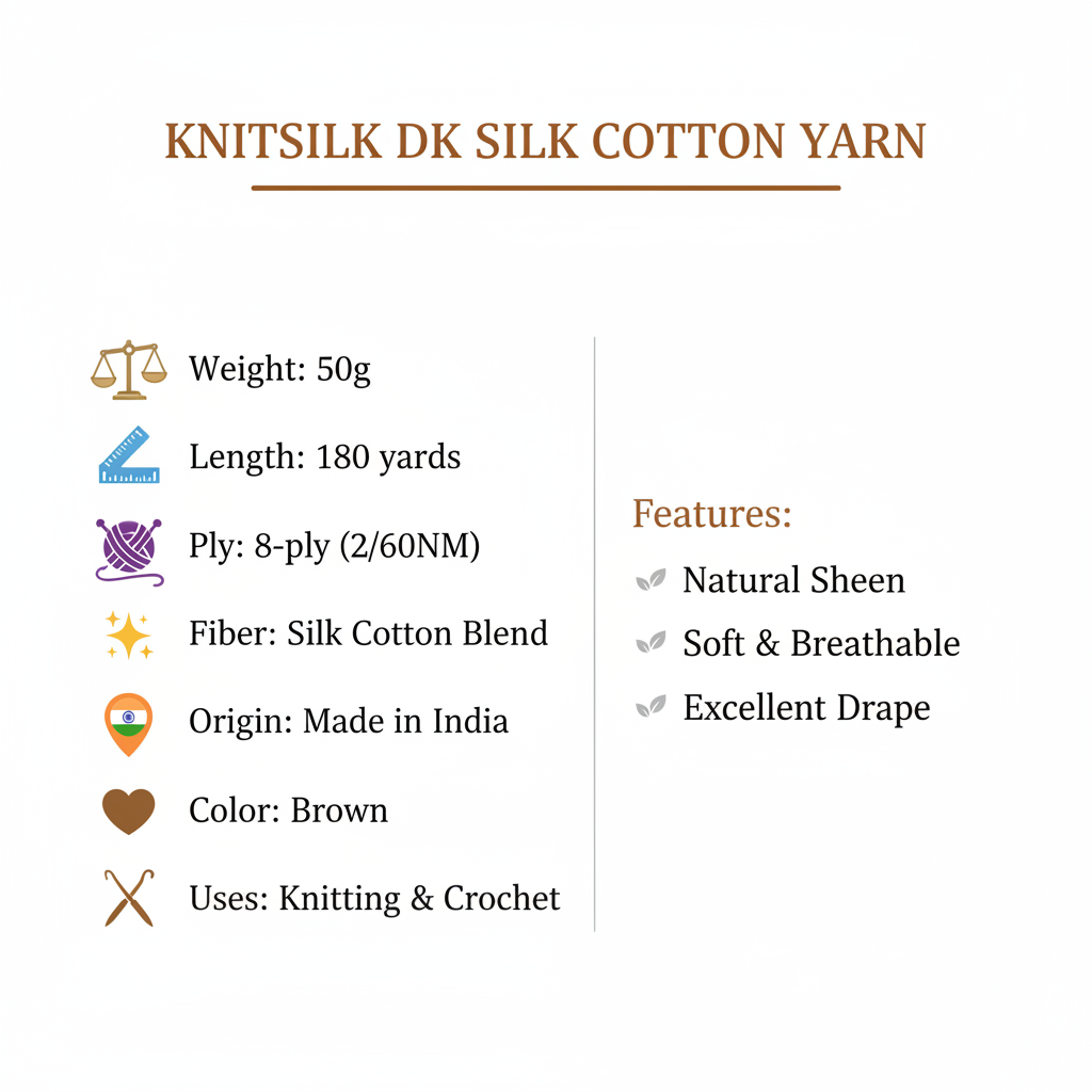 Knitsilk DK Silk Cotton Yarn | 2/60NM x 8 Ply | 1 x 180 Yards |Brown