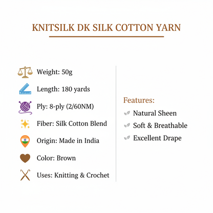 Knitsilk DK Silk Cotton Yarn | 2/60NM x 8 Ply | 1 x 180 Yards |Brown