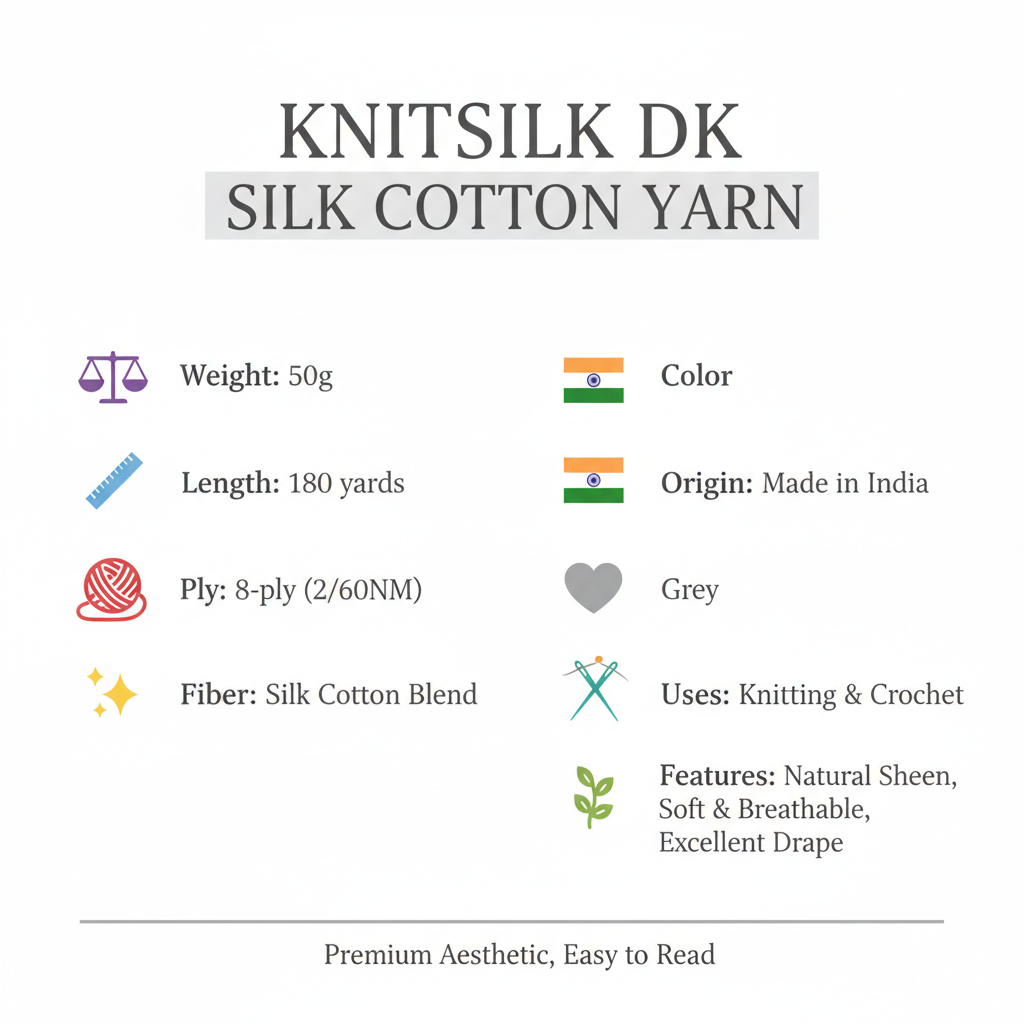 Knitsilk DK Silk Cotton Yarn | 2/60NM x 8 Ply | 1 x 180 Yards |Grey