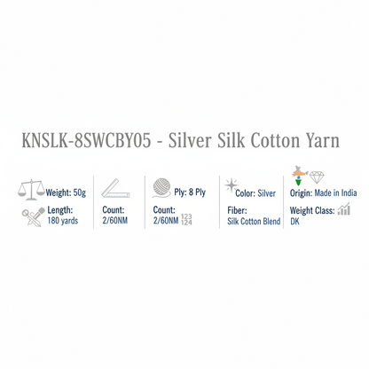 Knitsilk DK Silk Cotton Yarn | 2/60NM x 8 Ply | 1 x 180 Yards | Silver