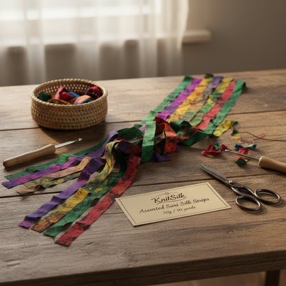 Knitsilk Recycled Silk Strips - Assorted Sari Silk | 50 GMS-1 Yard*10 Pieces | Sustainable & Unique Texture Ribbon Yarn