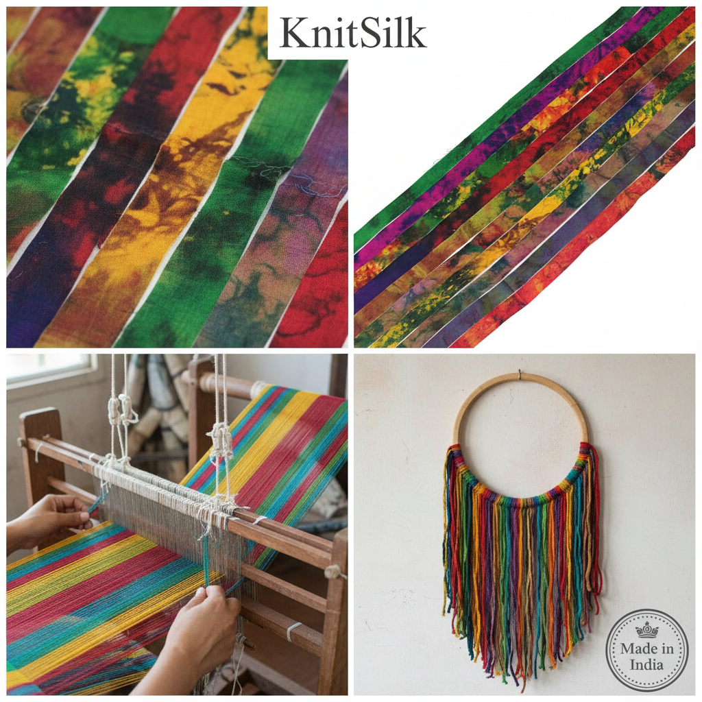 Knitsilk Recycled Silk Strips - Assorted Sari Silk | 50 GMS-1 Yard*10 Pieces | Sustainable & Unique Texture Ribbon Yarn