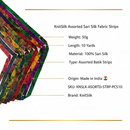 Knitsilk Recycled Silk Strips - Assorted Sari Silk | 50 GMS-1 Yard*10 Pieces | Sustainable & Unique Texture Ribbon Yarn