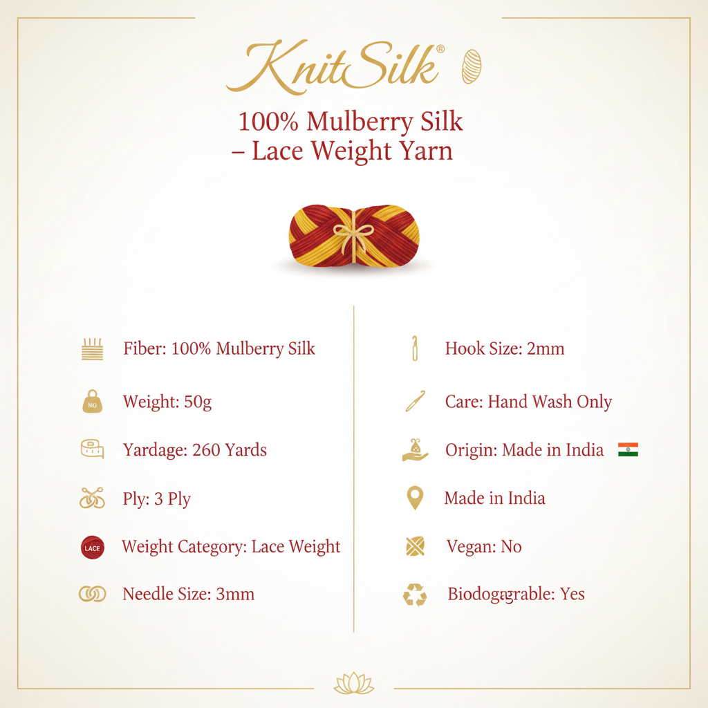 Knitsilk 3 Ply 100% Mulberry Silk Lace Weight Yarn –Red and Yellow(50g / 260 Yard