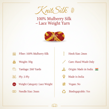 Knitsilk 3 Ply 100% Mulberry Silk Lace Weight Yarn –Red and Yellow(50g / 260 Yard