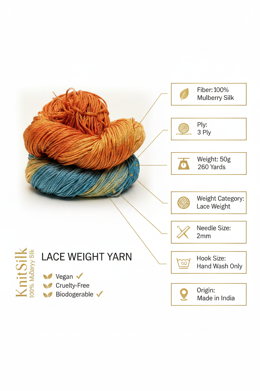 Knitsilk 3 Ply 100% Mulberry Silk Lace Weight Yarn –Iris(50g / 260 Yard