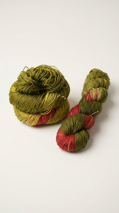 Knitsilk 3 Ply 100% Mulberry Silk Lace Weight Yarn –Dark olive and Red (50g / 260 Yard
