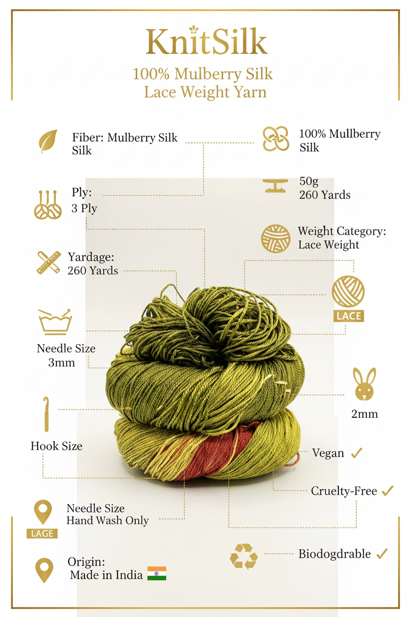 Knitsilk 3 Ply 100% Mulberry Silk Lace Weight Yarn –Dark olive and Red (50g / 260 Yard