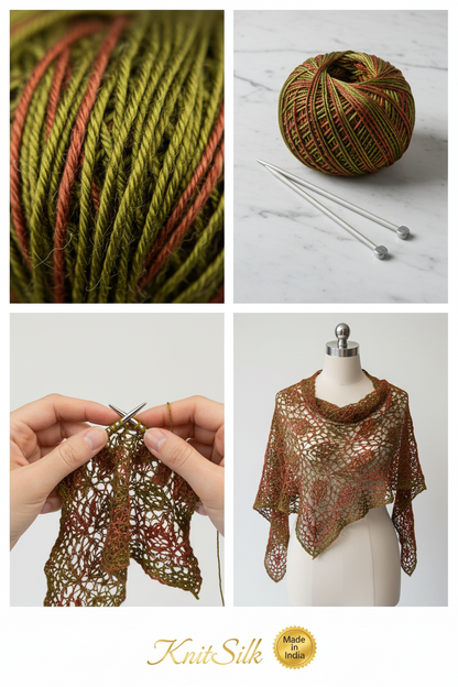 Knitsilk 3 Ply 100% Mulberry Silk Lace Weight Yarn –Dark olive and Red (50g / 260 Yard
