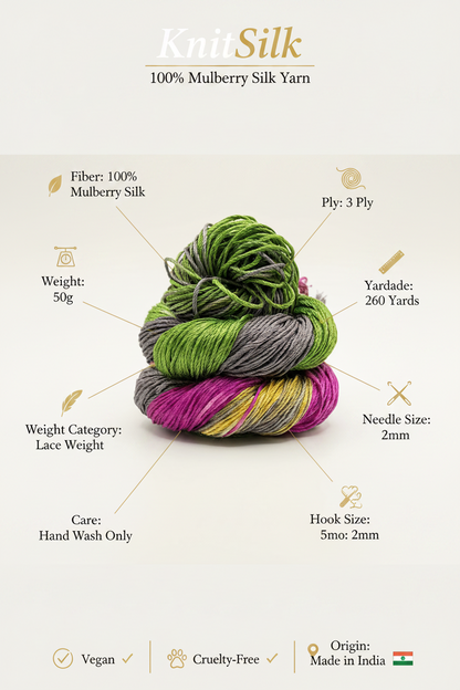 Knitsilk 3 Ply 100% Mulberry Silk Lace Weight Yarn –Green and Purple(50g / 260 Yard