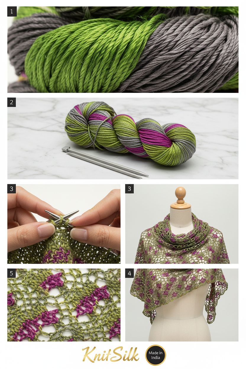 Knitsilk 3 Ply 100% Mulberry Silk Lace Weight Yarn –Green and Purple(50g / 260 Yard