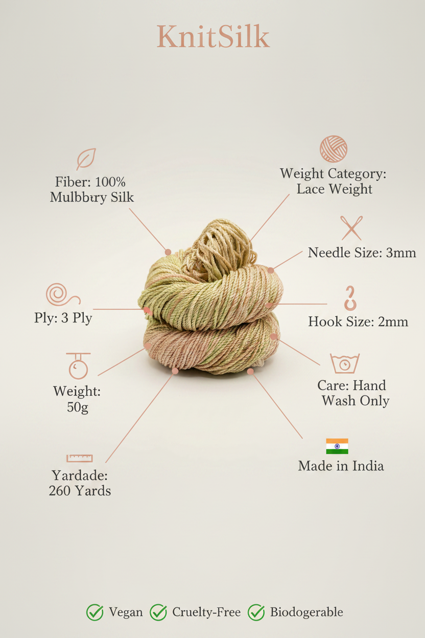 Knitsilk 3 Ply 100% Mulberry Silk Lace Weight Yarn –Gold(50g / 260 Yard