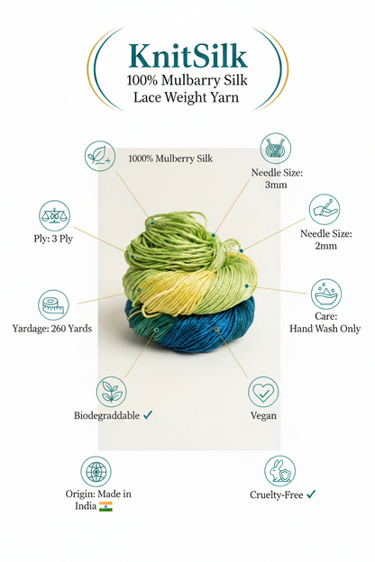 Knitsilk 3 Ply 100% Mulberry Silk Lace Weight Yarn –Green(50g / 260 Yard