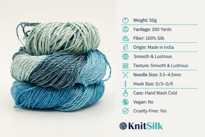 Knitsilk 3 Ply 100% Mulberry Silk Lace Weight Yarn –Sky Blue(50g / 260 Yard