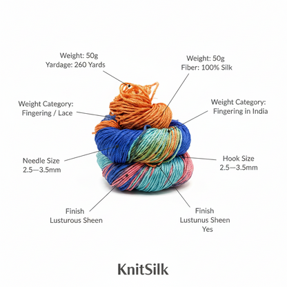 Knitsilk 3 Ply 100% Mulberry Silk Lace Weight Yarn –Rainbow(50g / 260 Yard