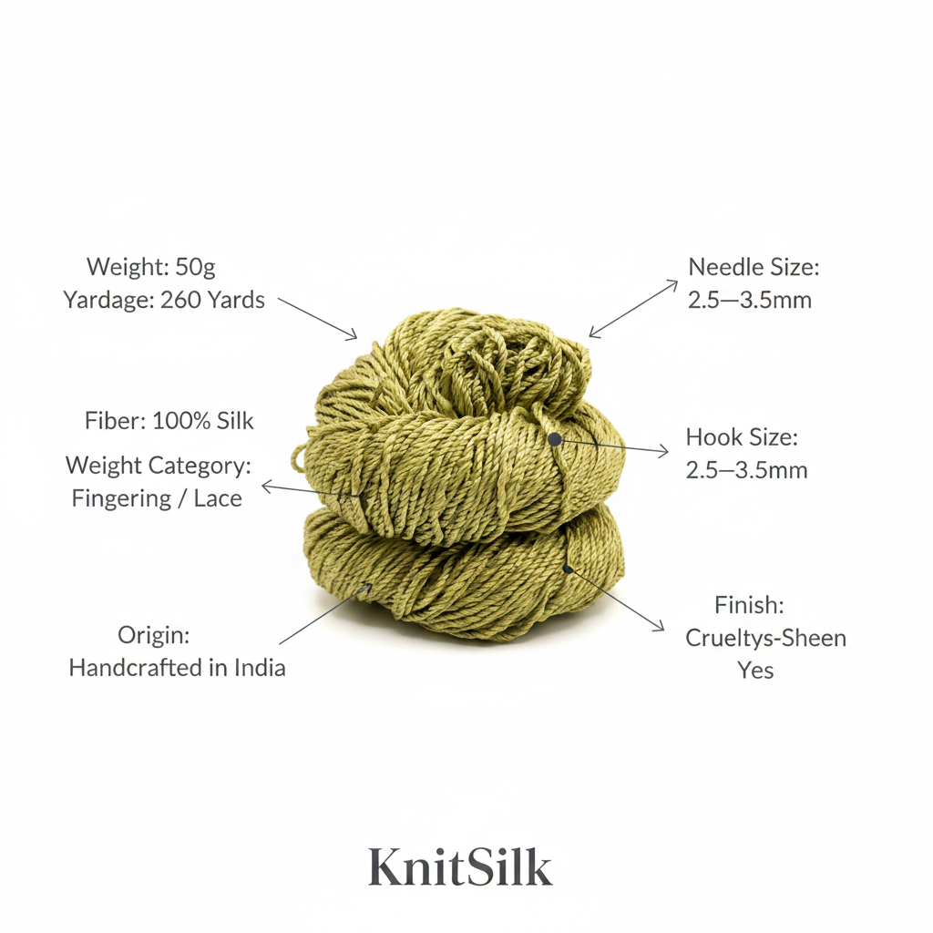 Knitsilk 3 Ply 100% Mulberry Silk Lace Weight Yarn –Olive green(50g / 260 Yard