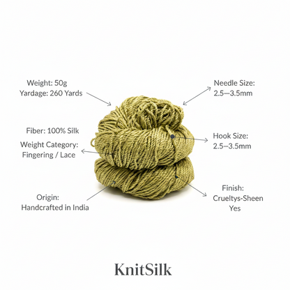 Knitsilk 3 Ply 100% Mulberry Silk Lace Weight Yarn –Olive green(50g / 260 Yard