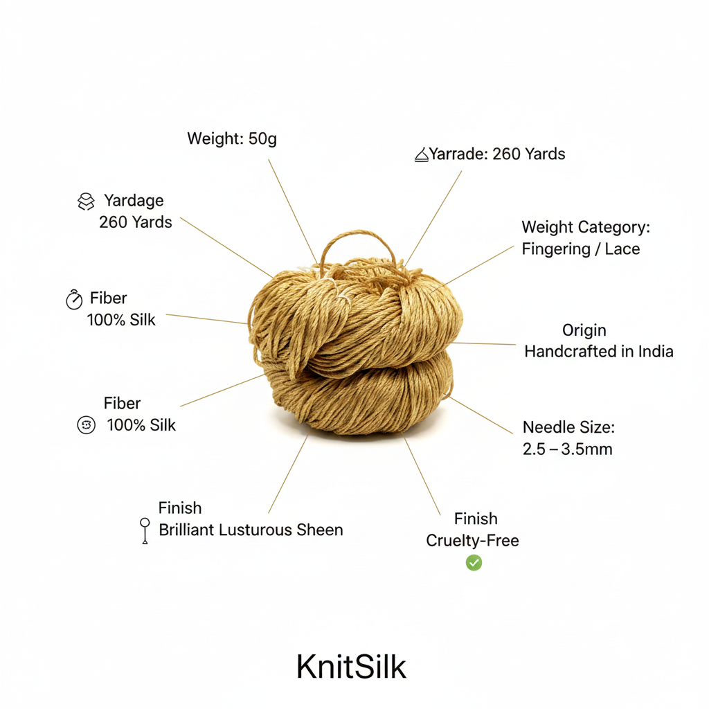 Knitsilk 3 Ply 100% Mulberry Silk Lace Weight Yarn –Golden mustard(50g / 260 Yard