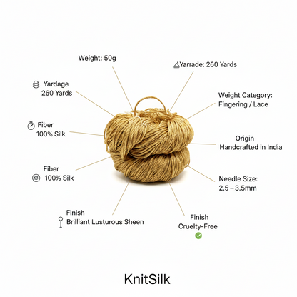 Knitsilk 3 Ply 100% Mulberry Silk Lace Weight Yarn –Golden mustard(50g / 260 Yard