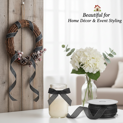 Black Sparkle Cotton Ribbon - 1.5 Inch x 25 Yards | Stitched Edges  | Premium Woven Craft Ribbon