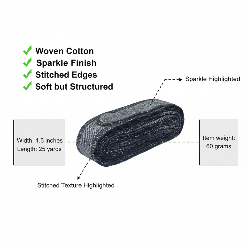 Black Sparkle Cotton Ribbon - 1.5 Inch x 25 Yards | Stitched Edges  | Premium Woven Craft Ribbon