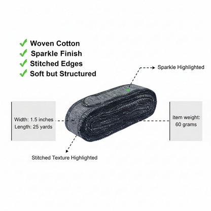 Black Sparkle Cotton Ribbon - 1.5 Inch x 25 Yards | Stitched Edges  | Premium Woven Craft Ribbon