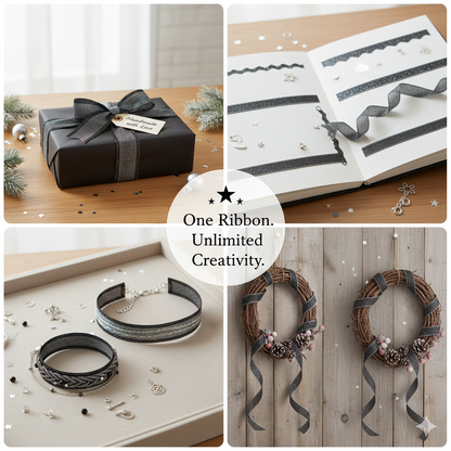 Black Sparkle Cotton Ribbon - 1.5 Inch x 25 Yards | Stitched Edges  | Premium Woven Craft Ribbon