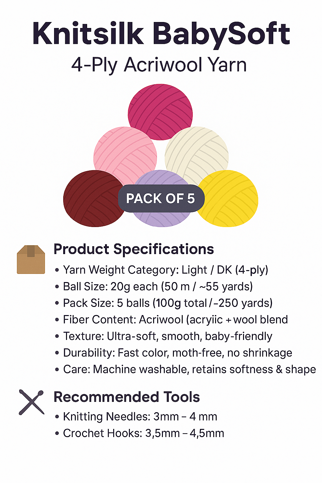 Knitsilk BabySoft – 4‑Ply Acriwool Yarn (Pack of 5 x 20g Balls, 250+ Yards Total) | Berry Velvet