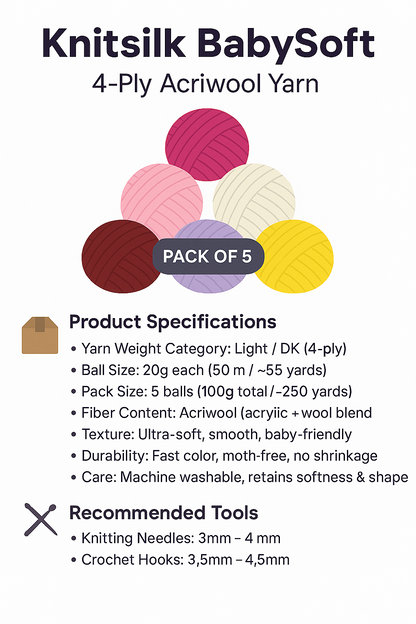 Knitsilk BabySoft – 4‑Ply Acriwool Yarn (Pack of 5 x 20g Balls, 250+ Yards Total) | Berry Velvet