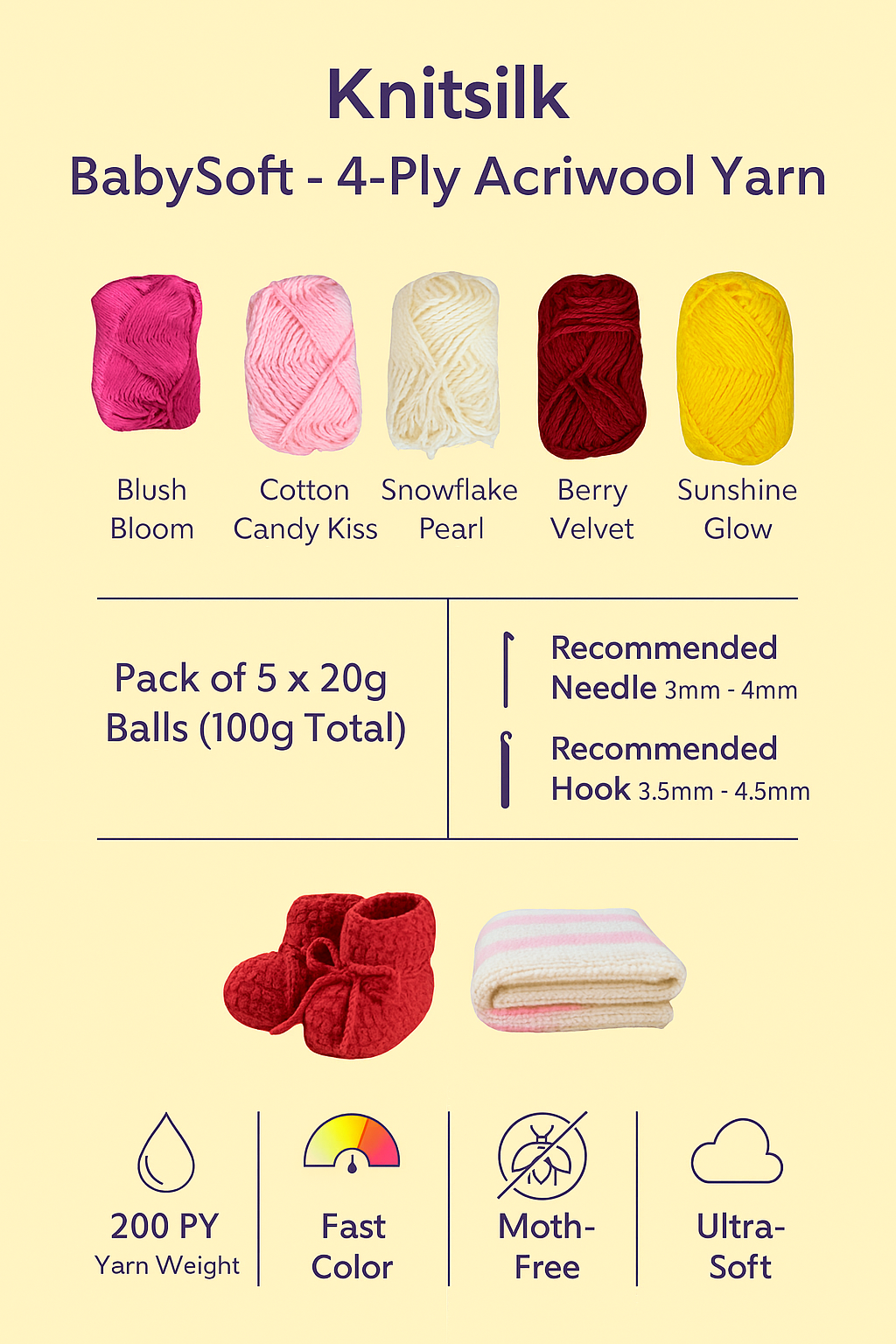 Knitsilk BabySoft – 4‑Ply Acriwool Yarn (Pack of 5 x 20g Balls, 250+ Yards Total) | Berry Velvet
