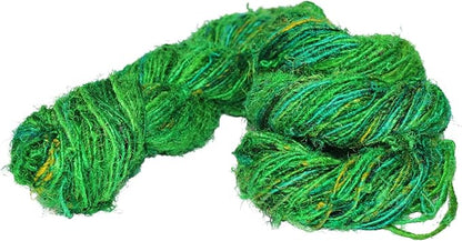 Knitsilk Premium Recycled Sari Silk Worsted Yarn(150+Yards)-Best for Knitting, Crocheting, and Jewelry Making Sustainable and Unique Texture Yarn (Ocean of green)