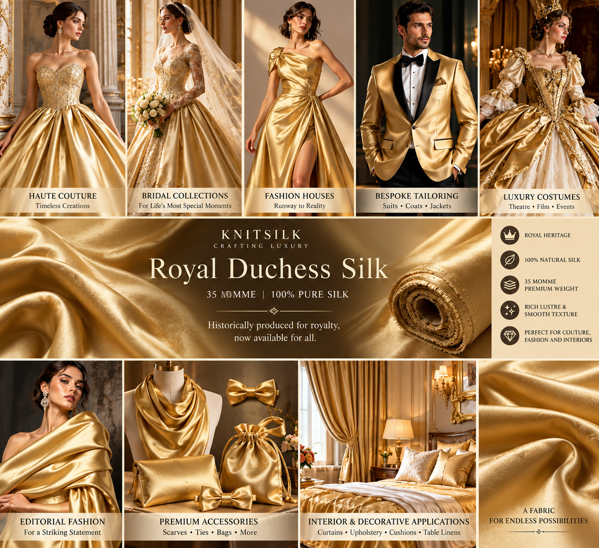KnitSilk Royal Duchess Silk Fabric – Regal Gold | 35 Momme | 100% Silk