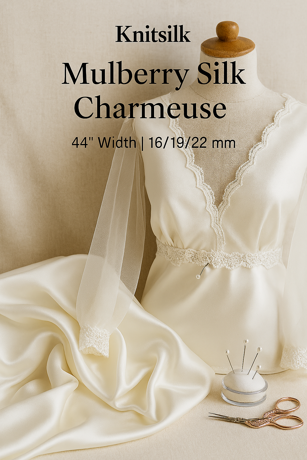 Knitsilk 100% Mulberry Silk Charmeuse Fabric – 19mm  – 44" Width – Pure Luxury Satin Weave - Off White