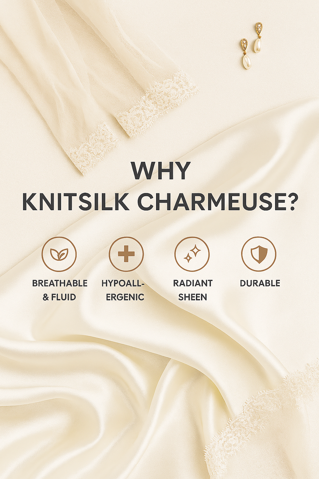 Knitsilk 100% Mulberry Silk Charmeuse Fabric – 19mm  – 44" Width – Pure Luxury Satin Weave - Off White